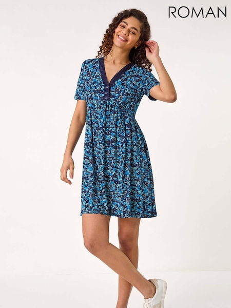 Roman Floral Print Contrast Band Dress (F68384) | 313 LEI