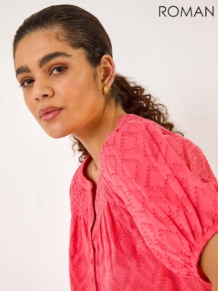 Roman Red Shirred Neck Textured 100% Cotton Top (F68388) | €42