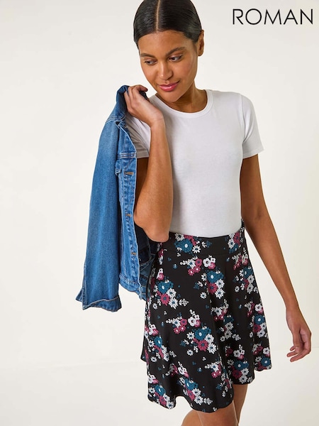 שחור - Roman Floral Print Stretch Skater Skirt (F68396) | ‏201‏₪