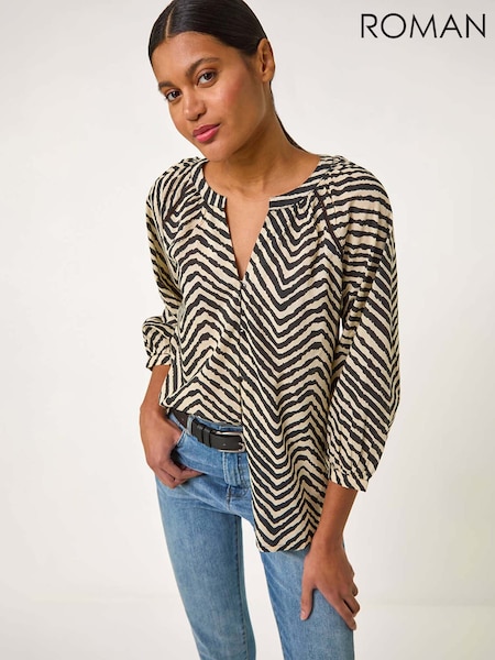 Roman Black Linear Print V-Neck 100% Cotton Blouse (F68397) | 2,163 UAH
