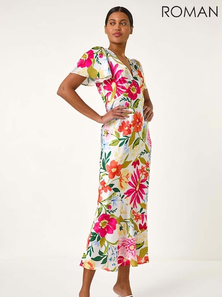 Roman White Floral Satin Midi Dress (F68400) | R$ 825