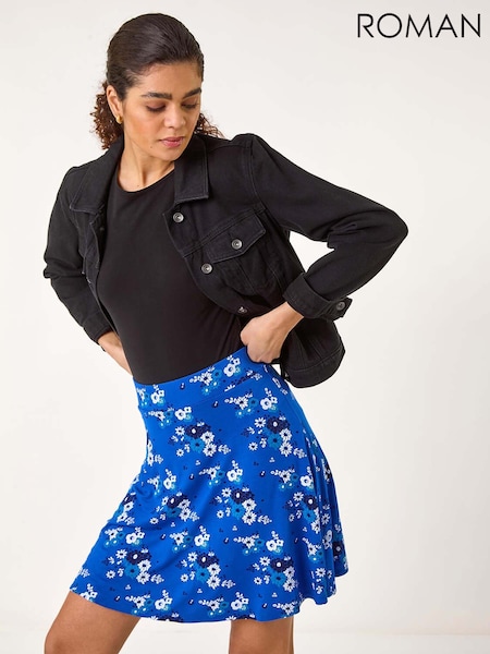 כחול  - Roman Floral Print Stretch Skater Skirt (F68403) | ‏201‏₪