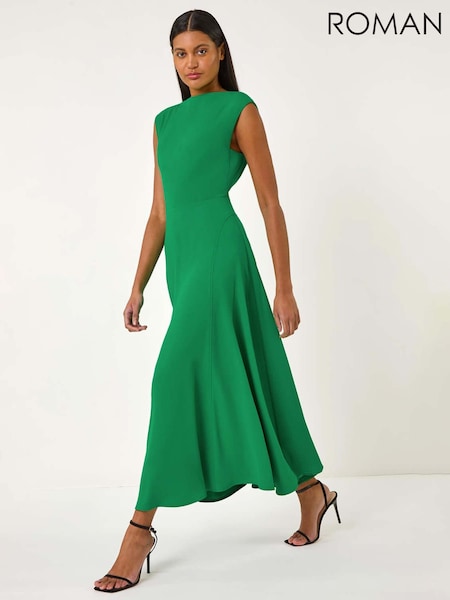 Roman Green High Neck Pleated Midi Dress (F68405) | 337 QAR