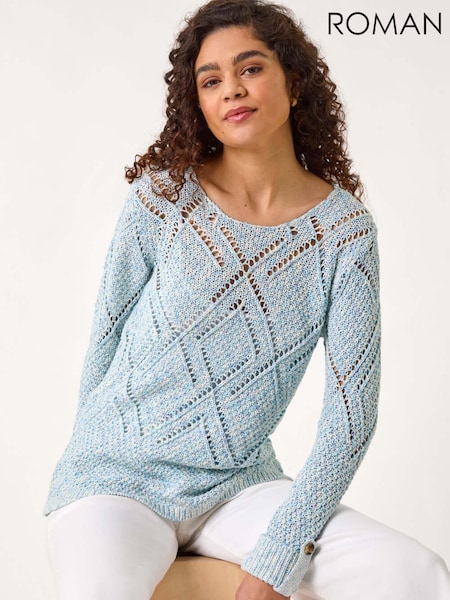 Roman Blue Diamond Textured Crochet Jumper (F68413) | AED306