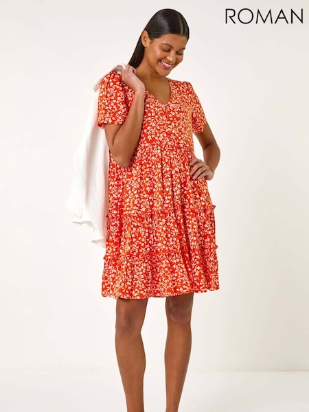 Roman Orange Floral Short Tea Dress (F68422) | €60