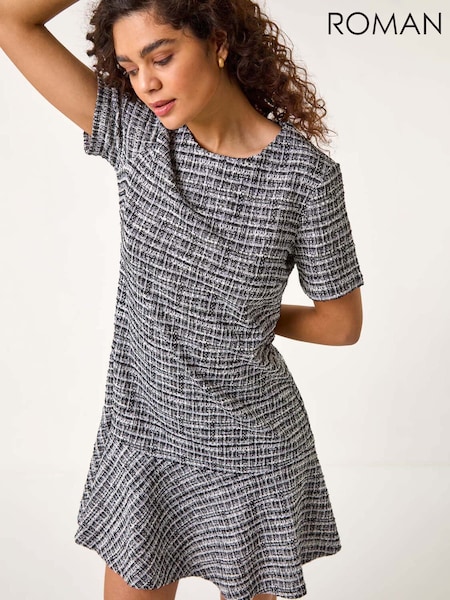 Roman Black Textured Frill Hem Stretch Dress (F68433) | R$ 605