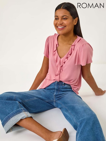 Vaaleanpunainen - Roman Ruffle Front Stretch Top (F68435) | €50