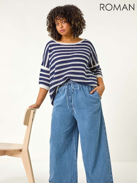Roman 100% Cotton Curve Tie Waist Denim Wide Leg Trousers (F68450) | ‏264‏₪