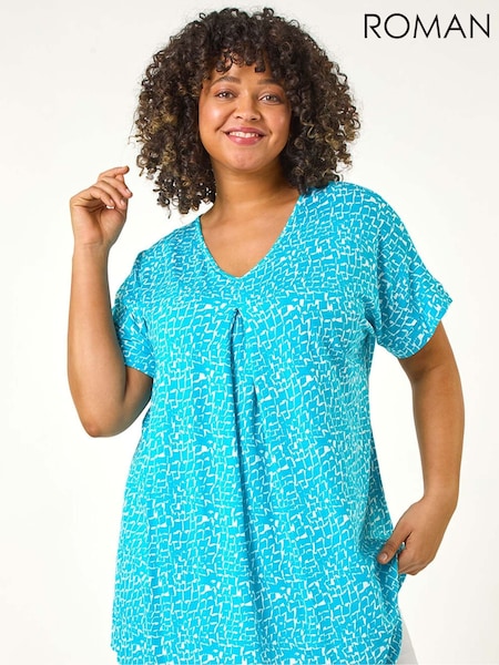 Roman Blue Curve Pleat Front Printed Stretch Top (F68454) | €46