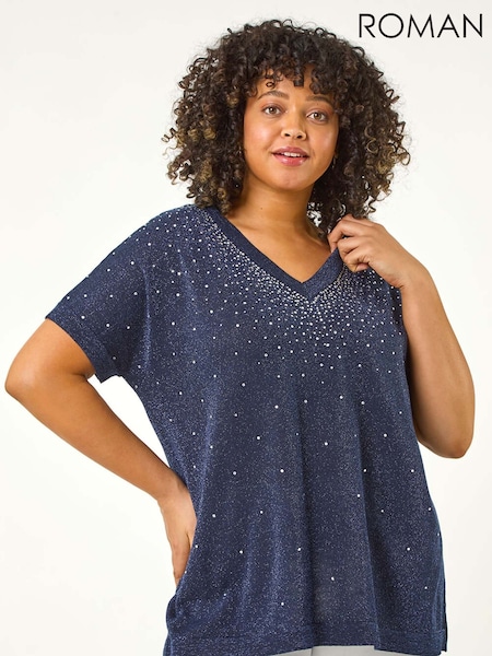 Roman Blue Curve Shimmer Hotfix Knit Top (F68459) | €53