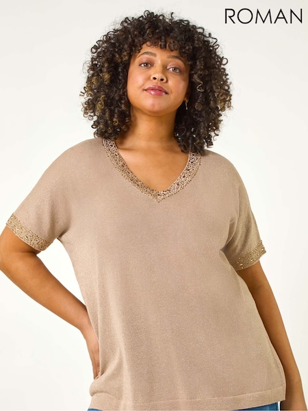 Roman Gold Curve Hotfix V-Neck Knit Top (F68460) | 2,403 UAH