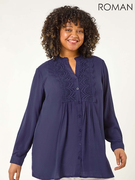 Roman Blue Curve Lace Trim Pintuck Blouse (F68465) | €45
