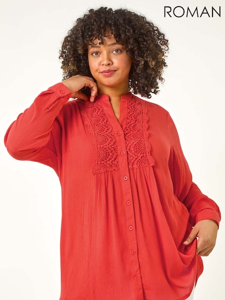 Roman Red Curve Lace Trim Pintuck Blouse (F68468) | €45
