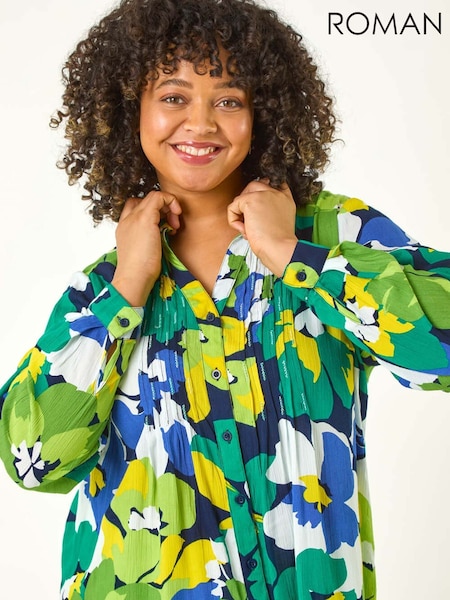 Roman Green Curve Floral Print Pintuck Blouse (F68471) | AED291