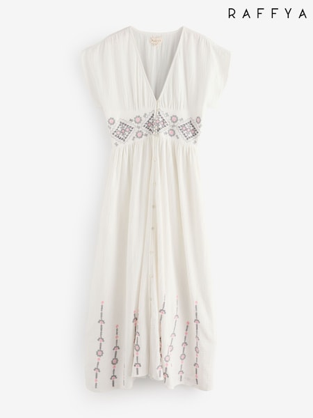 Raffya Sally Ann Embrodied 100% Cotton Dress with Brown Stitching (F68598) | €205