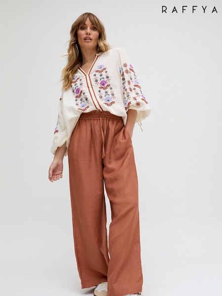 Raffya Brown Paulina Wide Leg Linen Trousers (F68611) | ₪448