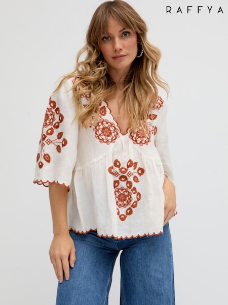 Raffya White Aubrey Embroidered V-Neck Blouse (F68627) | ₪402