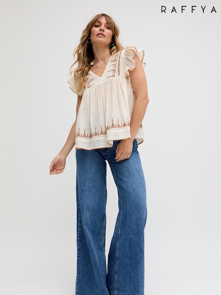 Raffya Cream 100% Cotton Mariana Flutter Sleeve Embroidered Blouse (F68635) | ₪402