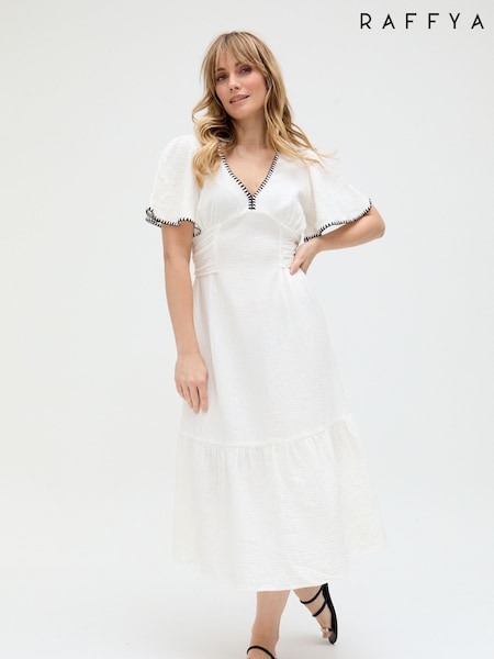 Raffya Cream Delilah 100% Cotton Dress with Brown Stitching (F68639) | €146