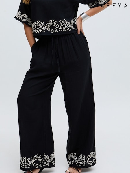 Raffya Black Embroderied Cuff 100% Cotton Co-Ord Trousers (F68647) | ₪427