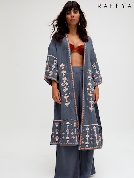 Vaalean harmaa - Raffya Harmaa reunasta reunaan brodeerattu 100% puuvillainen kimono (F68650) | €221