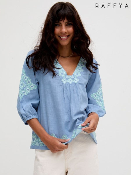 Raffya Blue Chrome Alice V-Neck Embroidered Blouse (F68655) | ₪352