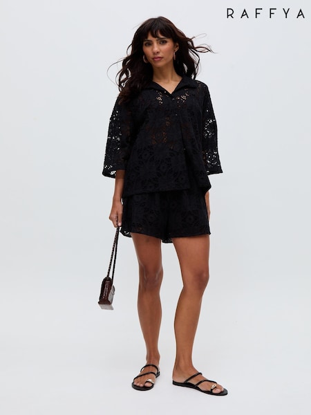 Raffya Black Shelli Cut Out Embrodiered Co-Ord 100% Cotton Shirt (F68656) | ₪322