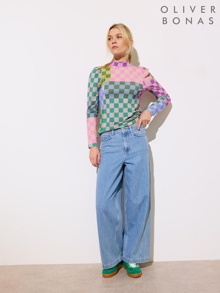 Oliver Bonas Blue 100% Cotton Diagonal Seam Wide Leg Jeans (F68672) | $161