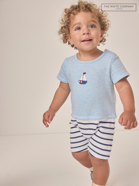 The White Company Baby Blue Crochet Sailboat Jersey Romper (F68678) | ₪151