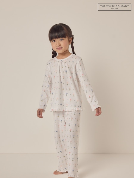 The White Company Relaxed Fit 100% Cotton Pointelle Heart Floral White Pyjamas (F68681) | ₪121 - ₪131