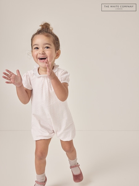 The White Company Baby Pink 100% Cotton Stripe Seersucker Petal Collar Shorts (F68684) | 209 LEI