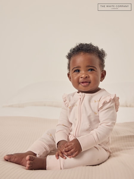 The White Company Pink 100% Cotton Puddle Ducks Frill Sleeve Sleepsuit (F68692) | R$ 255