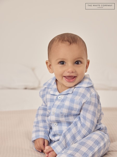 The White Company Blue 100% Cotton Crinkle Gingham Sleepsuit (F68694) | 223 LEI