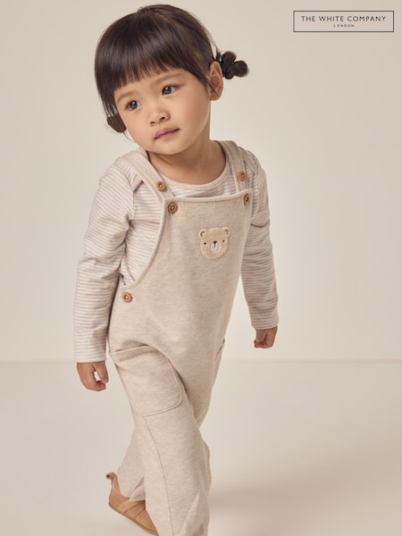 The White Company 100% Cotton Bear Print White Dungaree And Stripe Top Set (F68696) | €53