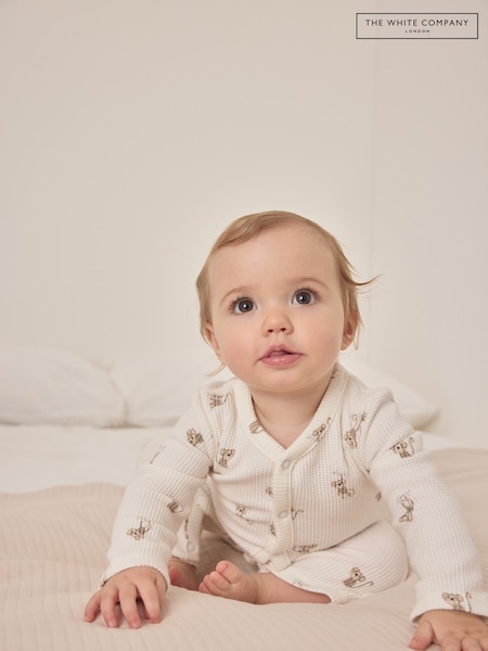 The White Company 100% Organic Cotton Monkey Waffle White Sleepsuit (F68710) | €32