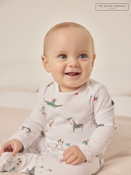 The White Company 100% Organic Cotton Party Animals Print White Sleepsuit (F68719) | €41