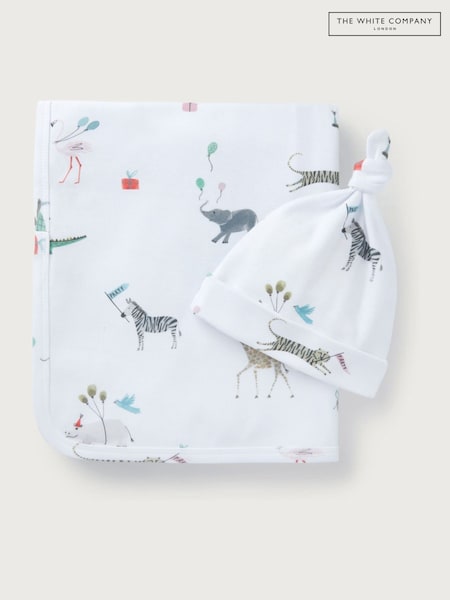 The White Company 100% Organic Cotton Party Animals Print Reversible White Blanket And Hat Set (F68721) | 37 €