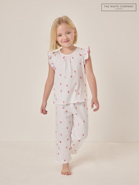The White Company 100% Cotton Flutter Sleeve Strawberry Relaxed Fit White Pyjamas (F68730) | €34 - €37