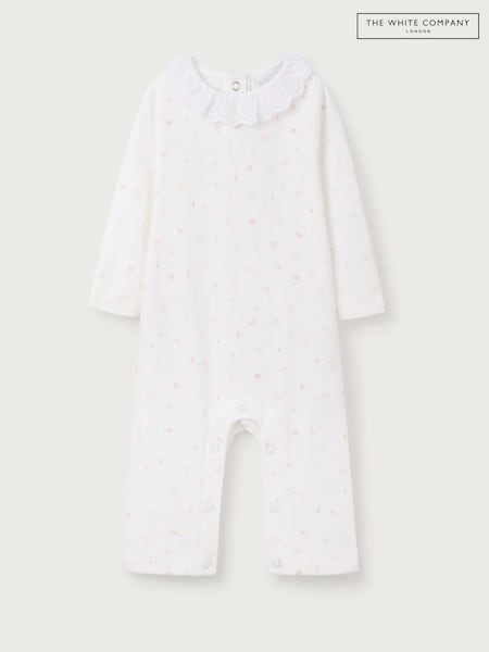 The White Company 100% Cotton Ottile Floral Lace Collar Pointelle White Sleepsuit (F68732) | ₪111