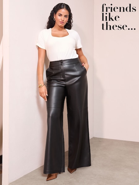Friends Like These X Lucy Mecklenburgh Chocolate Brown Curve Faux Leather Tailored Wide Leg Trousers (F68783) | €53