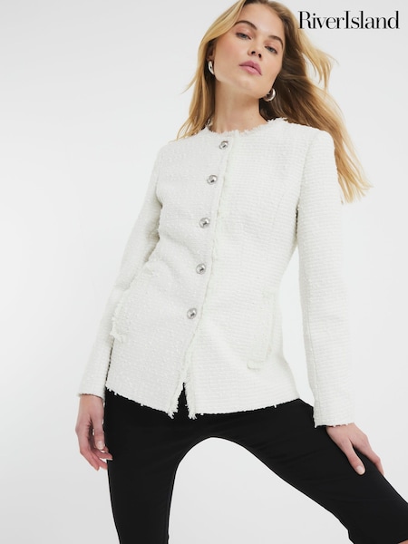Cream - Jachetă din tricot boucle fără guler River Island (F68814) | 514 LEI