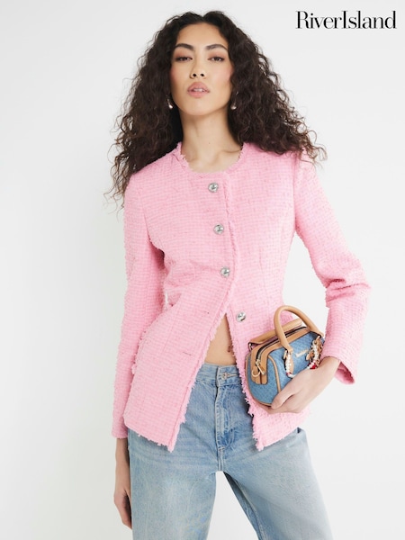 River Island Pink Collarless Boucle Jacket (F68817) | €99