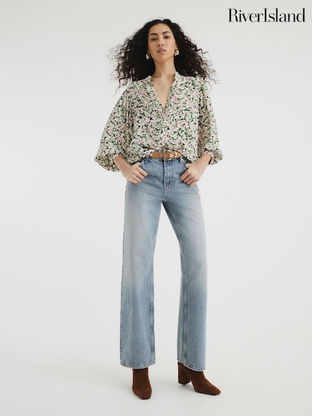River Island Black Floral Print Crew Neck Blouse (F68832) | ₪151