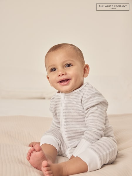 The White Company Grey 100% Cotton Elephant Pocket Stripe Zip Sleepsuit (F68840) | €38