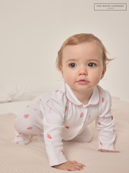 The White Company 100% Cotton Strawberry Collared White Sleepsuit (F68841) | ₪131