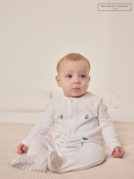 The White Company 100% Organic Cotton Party Animals Print Embroidered White Sleepsuit (F68842) | €41