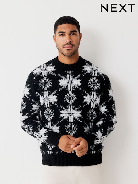 Negro/Blanco - Regular Fit Snowflake Pattern Christmas Crew Neck Jumper with Wool (F68932) | 41 €