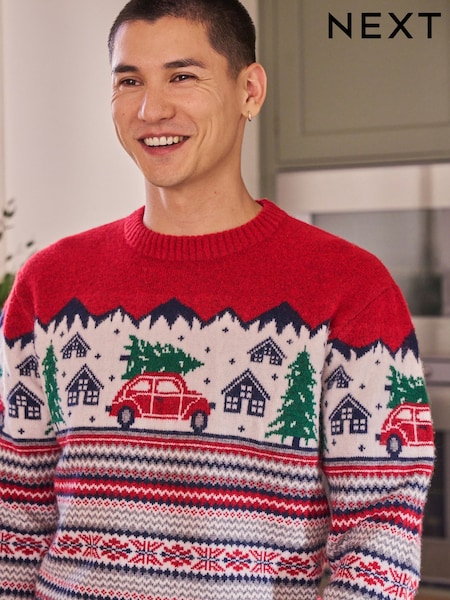 Red Regular Fit Christmas Family Crew Jumper with Wool (F68935) | 178 QAR