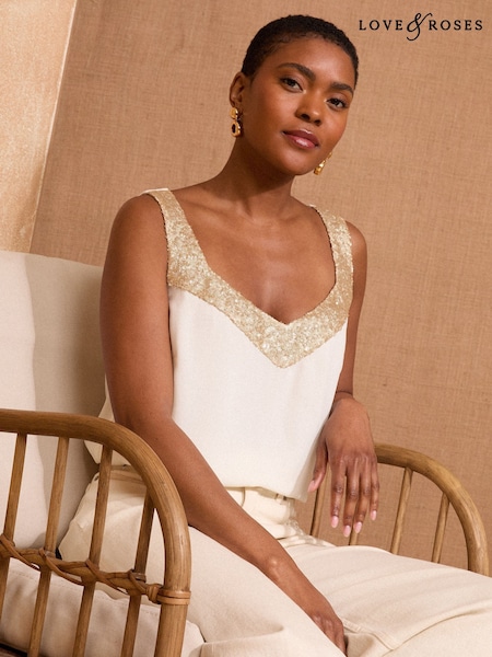 Love & Roses White/Ecru Gold Sequin V-Neck Vest (F68972) | €37
