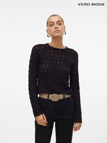 VERO MODA Black Long Sleeve Crochet Round Neck Top (F68976) | ₪161